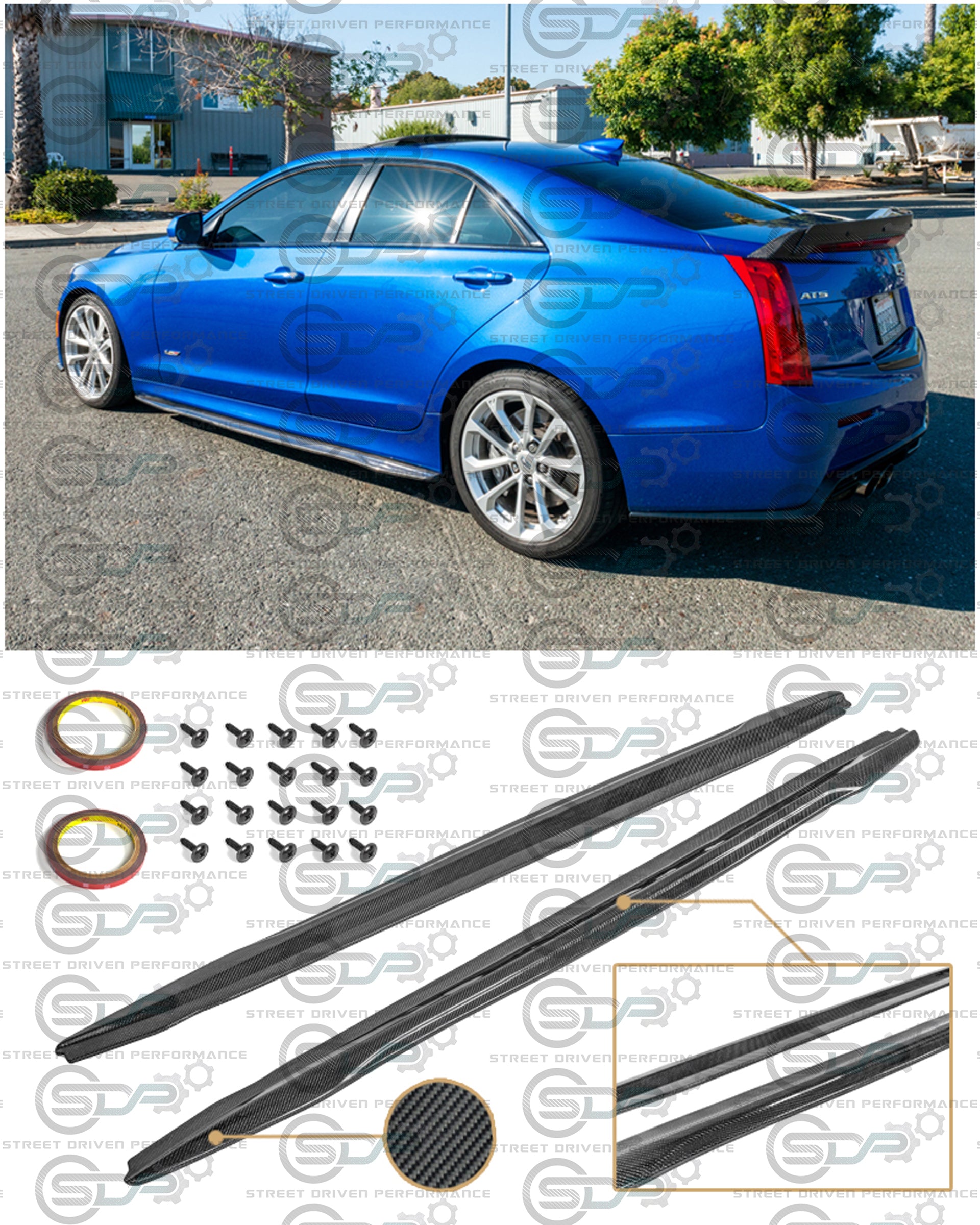 2016-2019 CADILLAC ATS-V CARBON FIBER FRONT SPLITTER & SIDE SKIRTS ROCKER PANELS GROUND EFFECTS